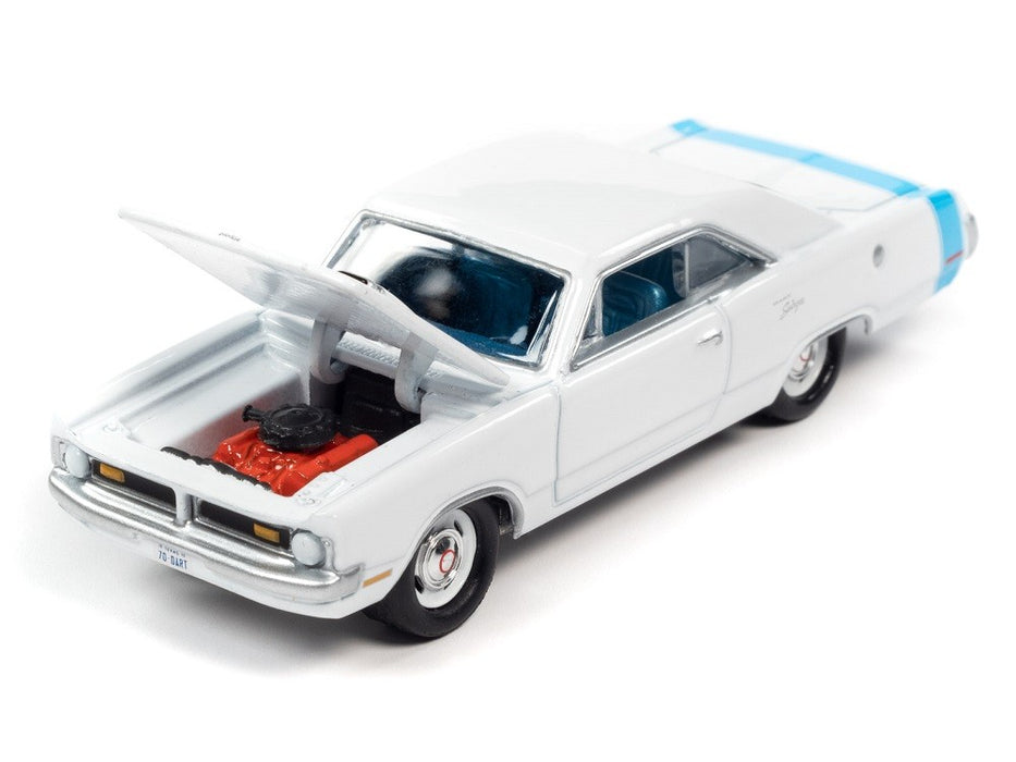 1970 Dodge Dart Swinger White with Rear Light Blue Stripe - Muscle Car USA Johnny Lightning 1:64 - JLSP176 A   JLMC027