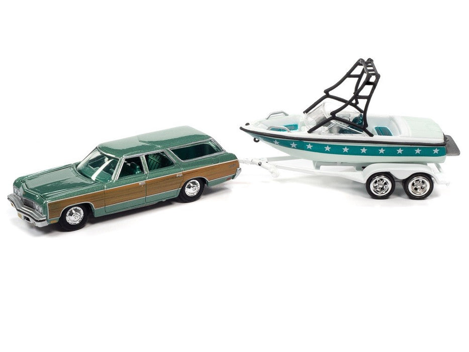 1973 Chevy Caprice Woody Wagon Green with Mastercraft Boat and Trailer - Johnny Lightning  1:64 - JLBT015 JLSP204-A