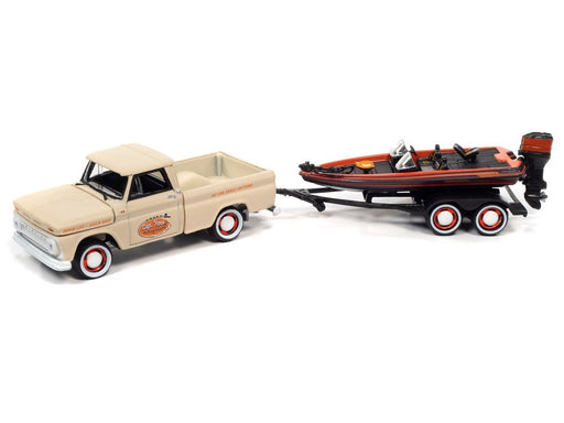1965 Chevy Stepside Pickup Beige, Orange, and Black with Bass Boat and Trailer - Johnny Lightning  1:64 - JLBT015 JLSP203-A