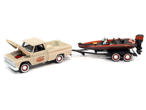 1965 Chevy Stepside Pickup Beige, Orange, and Black with Bass Boat and Trailer - Johnny Lightning  1:64 - JLBT015 JLSP203-A
