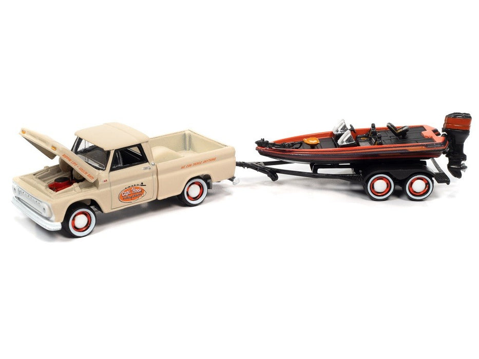 1965 Chevy Stepside Pickup Beige, Orange, and Black with Bass Boat and Trailer - Johnny Lightning  1:64 - JLBT015 JLSP203-A