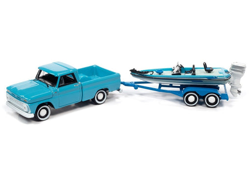 1965 Chevy Stepside Pickup Turquoise, Blue, and White with Bass Boat and Trailer - Johnny Lightning  1:64 - JLBT015 JLSP203 B