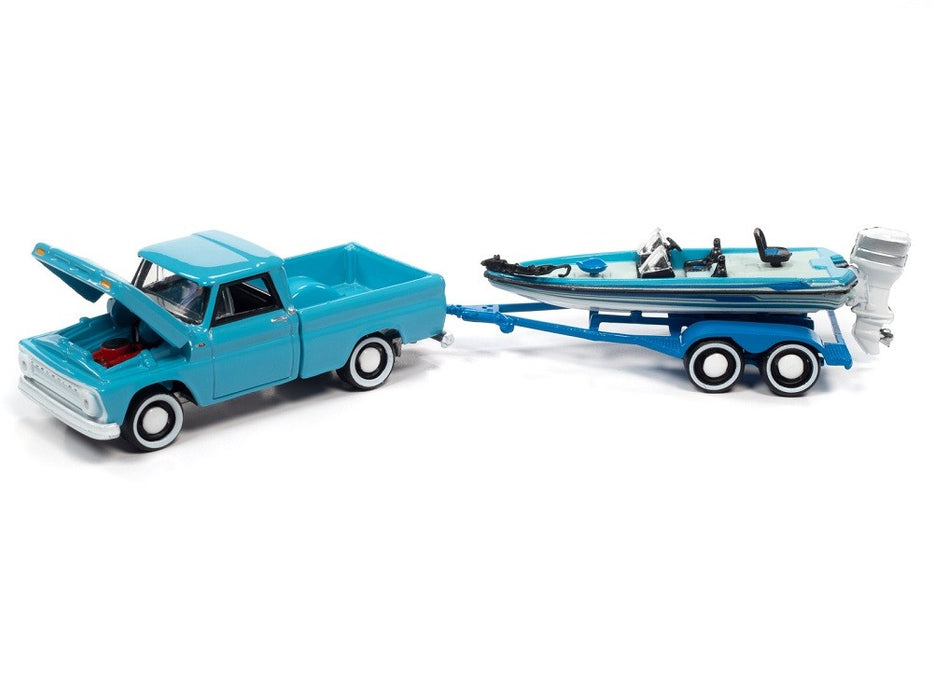 1965 Chevy Stepside Pickup Turquoise, Blue, and White with Bass Boat and Trailer - Johnny Lightning  1:64 - JLBT015 JLSP203 B