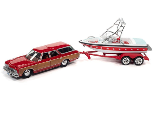 1973 Chevy Caprice Woody Wagon White and Red with Mastercraft Boat and Trailer - Johnny Lightning 1:64 - JLBT015 -  JLSP204 B