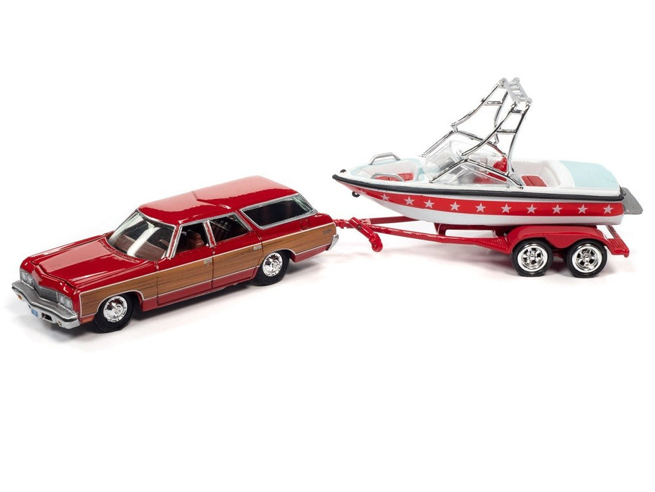 1973 Chevy Caprice Woody Wagon White and Red with Mastercraft Boat and Trailer - Johnny Lightning 1:64 - JLBT015 -  JLSP204 B
