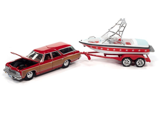 1973 Chevy Caprice Woody Wagon White and Red with Mastercraft Boat and Trailer - Johnny Lightning 1:64 - JLBT015 -  JLSP204 B