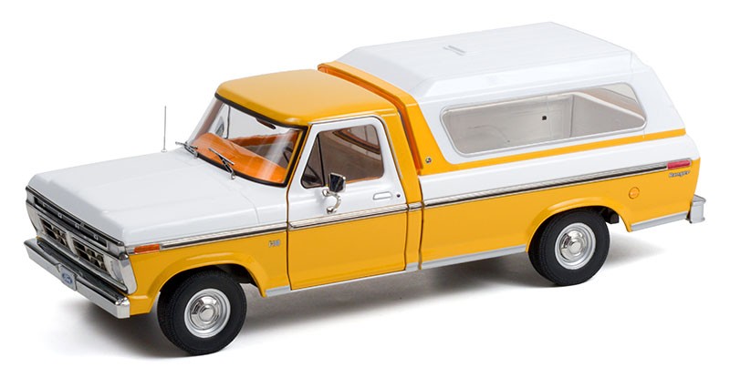 1976 Ford F-100 Pickup in Chrome Yellow with White Combination Tu-Tone and Deluxe Bed Cover - 1/18  Greenlight - 13621
