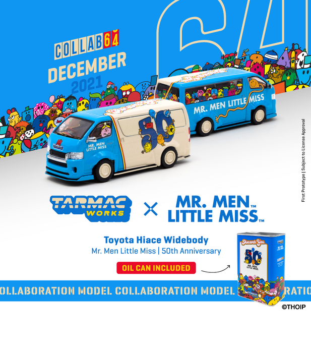 Toyota Hiace Widebody Mr. Men Little Miss 50th Anniversary With Oil Tin Can - Tarmac Works 1/64 - T64-038 MR-  Passion Diecast 