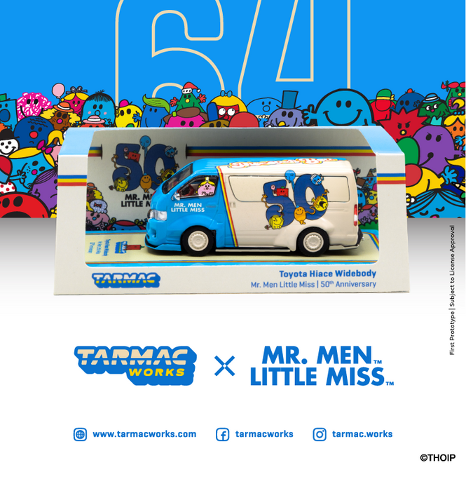 Toyota Hiace Widebody Mr. Men Little Miss 50th Anniversary With Oil Tin Can - Tarmac Works 1/64 - T64-038 MR-  Passion Diecast 