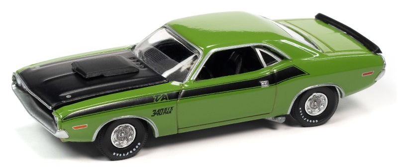 1970 Dodge Challenger in Go Green Flat Black Hood & Black Side Stripes - Auto World 1/64 -  AWSP086 A-  Passion Diecast 