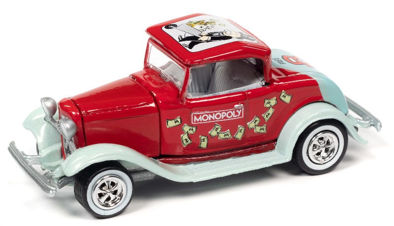 Monopoly - 1932 Ford Hi Boy Coupe in Red and Light Green - Free Parking - Johnny Lightning 1/64 - JLSP213