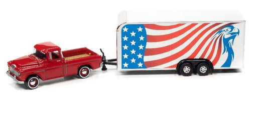 1955 Chevy Cameo Pickup Truck Red with Enclosed Car Trailer - Truck&Trailers - Johnny Lightning  1:64 -  JLSP200 A A