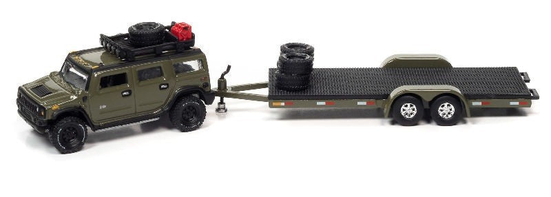 2004 Hummer H2 Moss Green with Open Trailer - Truck&Trailers - Johnny Lightning  1:64 -  JLSP200 A C