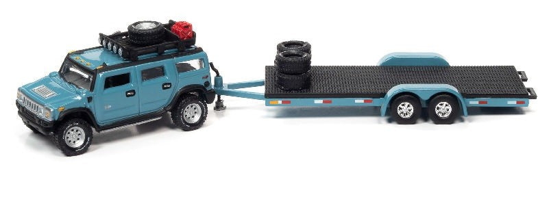2004 Hummer H2 Ocean Blue with Open Trailer - Truck&Trailers - Johnny Lightning  1:64 - JLSP200 B C