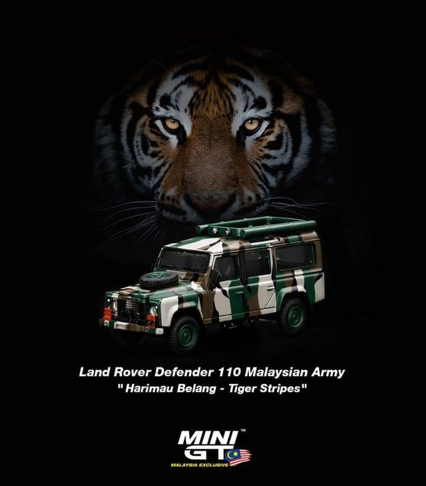 Mini GT - 1:64 - Land Rover Defender 110 Malaysian Army " Harimau Belang"  - Mijo Exclusives USA  -  MGT00321-R