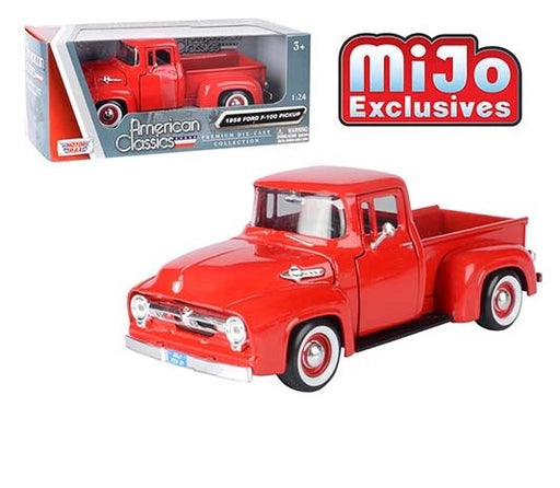 MiJo Exclusives -1956 Ford F-100 Pickup (Red with whitewall tires) - Motormax 1-24 - 73235AC RDWW - Passion Diecast 