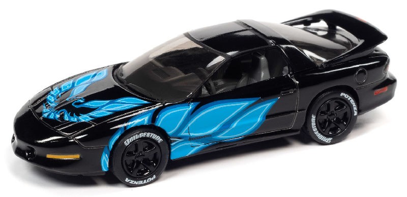 1993 Pontiac Firebird T/A in Black with Blue Firebird Flames - Black with Flames - Johnny Lightning 1:64 - JLSP210 B