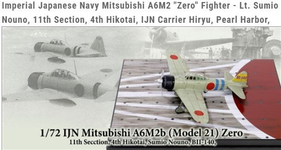 IJN A6M2 "Zero" - Lt. Nouno, 11th Sect., 4th Hikotai, Carrier Hiryu, Pearl Harbor Dec. 1941 / Forces of Valor 1:72 FOV-812030B