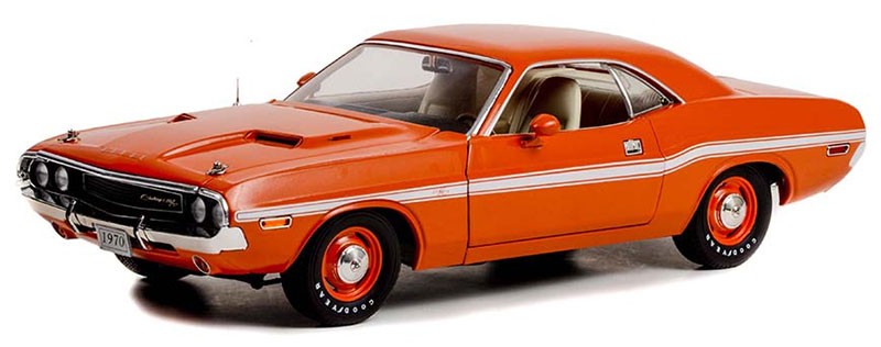 1970 Dodge Challenger R/T in Go Mango with White Stripes and Dog Dish Wheels - 1/18  Greenlight - 13630