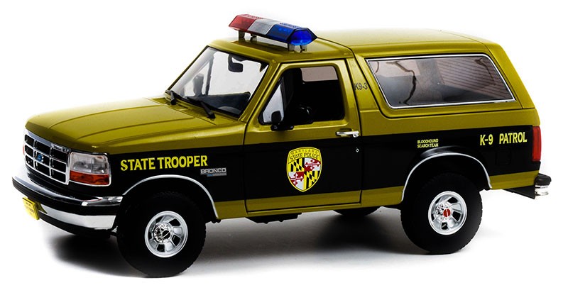 Maryland State Police State Trooper - 1996 Ford Bronco Bloodhound Search Team K-9 Patrol Vehicle - 1/18  Greenlight - 19113
