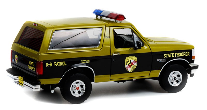 Maryland State Police State Trooper - 1996 Ford Bronco Bloodhound Search Team K-9 Patrol Vehicle - 1/18  Greenlight - 19113