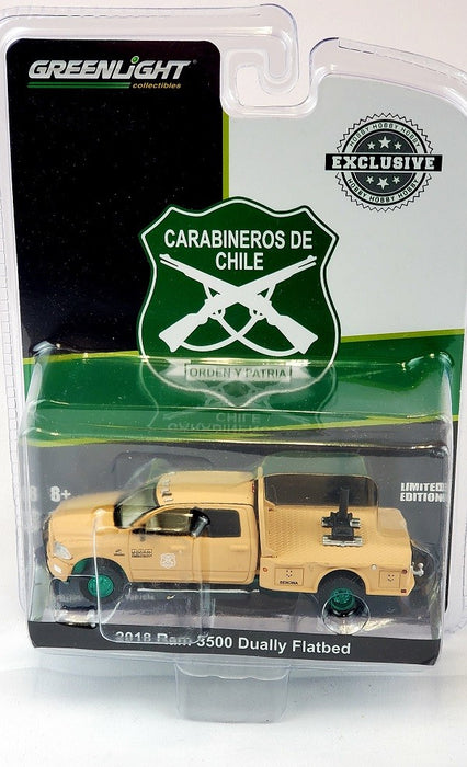 CHASE CAR 2018 RAM 3500 Dually Flatbed - Carabineros de Chile - Hobby Exclusive - 1/64 Greenlight - 30271GR