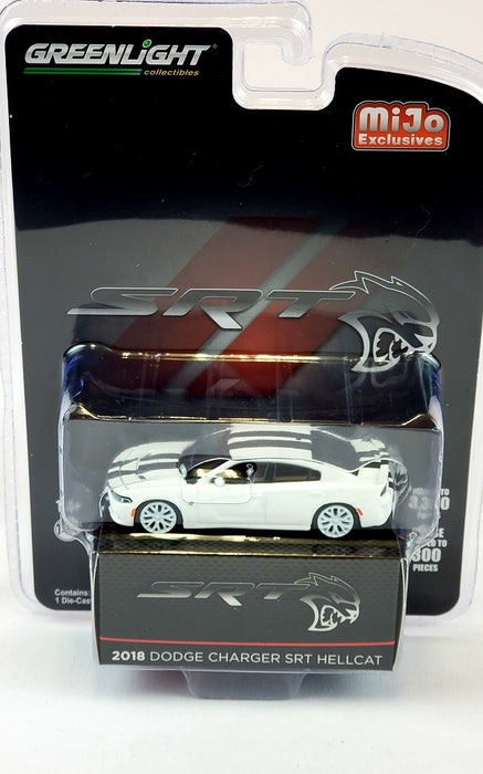CHASE CAR 2018 Dodge Charger SRT Hellcat Limited White / Black Racing Stripes - Mijo Exclusive- Greenlight 1/64 - 51425GR
