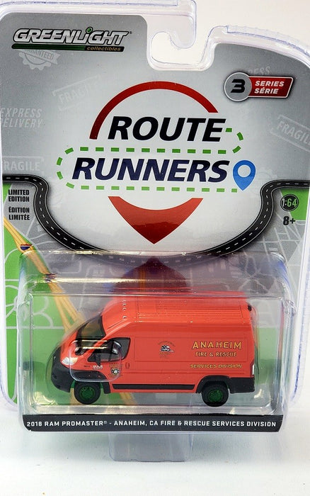 CHASE CAR 2018 Ram ProMaster 2500 Cargo - Anaheim, California Fire & Rescue - Route Runners Series 3 Greenlight 1/64 - 53030 DGR
