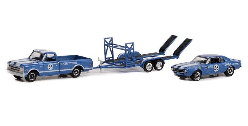1968 Chevrolet C-10 and 1967 Chevrolet Trans Am Camaro - on Tandem Car Trailer - Dana Chevrolet - 1/64 Greenlight - 31140 A
