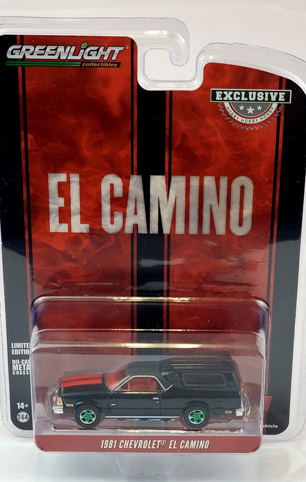 CHASE CAR 1981 Chevrolet El Camino with Camper Shell in Black with Red Stripes - Hobby Exclusive - 1/64 Greenlight - 30310GR