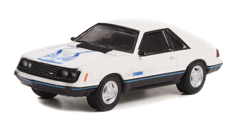 1979 Ford Mustang Cobra in White and Medium Blue Glow - Hot Hatches Series 2 - 1/64 Greenlight - 63020 C Passion Diecast