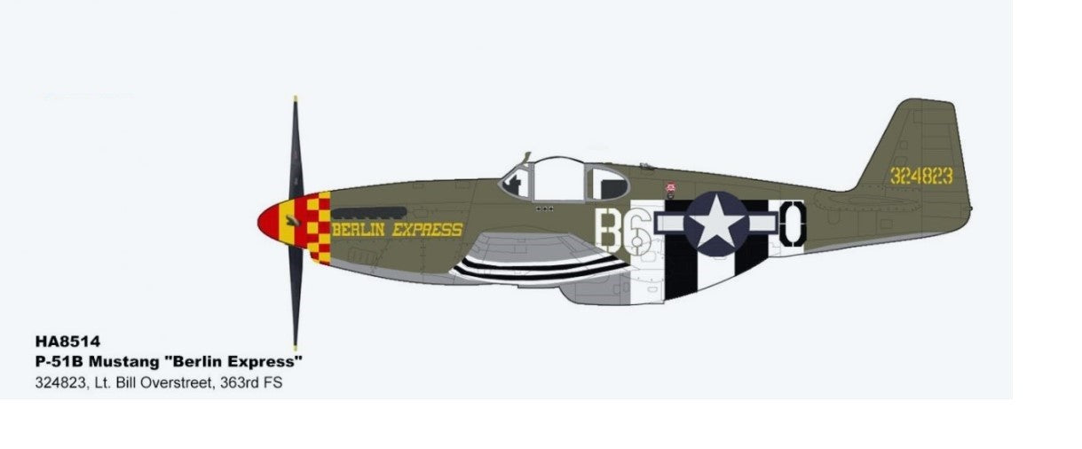 North American P-51B Mustang USAAF 43-24823 Berlin Express, W. Overstreet RAF Leiston England 1944 / Hobby Master 1:48 HA8514