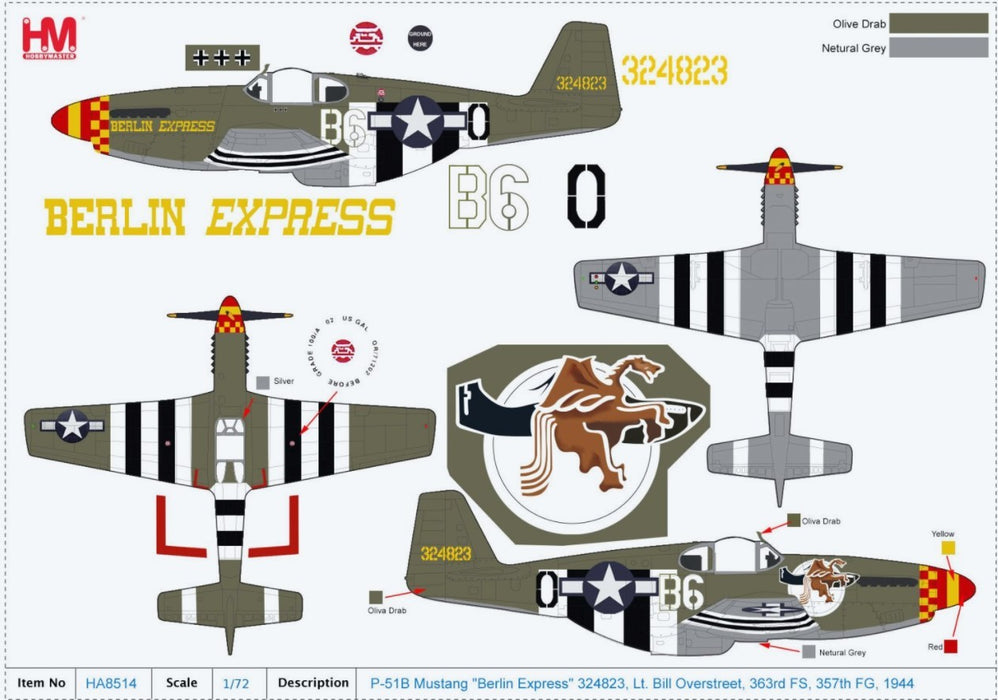 North American P-51B Mustang USAAF 43-24823 Berlin Express, W. Overstreet RAF Leiston England 1944 / Hobby Master 1:48 HA8514