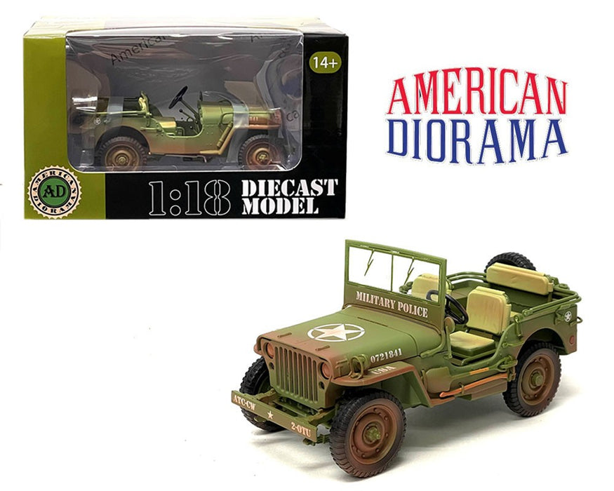 1/4 Ton Military Police Jeep Green Weathered -  American Diorama 1-18 - AD-77406A