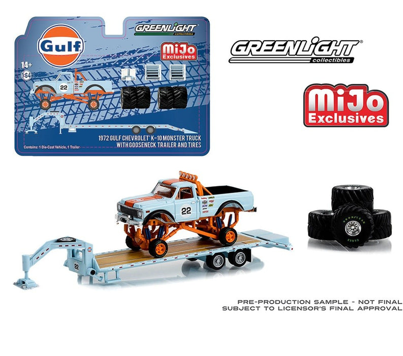 Greenlight & Mijo Exclusives - 1972 Chevrolet K-10 Monster Truck Gooseneck Trailer & Tires Gulf Racing - 1/64 Greenlight - 51432