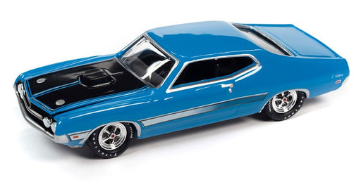 1971 Ford Torino Cobra in Grabber Blue with Laser Side Stripe and Black Hood - Johnny Lightning 1/64 - JLSP287 A