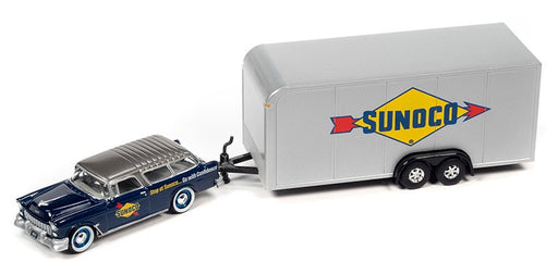 1955 Chevrolet Nomad with Enclosed Trailer Blue and White - Sunoco - Truck&Trailers - Johnny Lightning  1:64 - JLSP307 B
