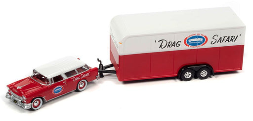 1955 Chevrolet Nomad Enclosed Trailer Red White Race Safety Drag Safari - Truck&Trailers - Johnny Lightning  1:64 - JLSP307 A
