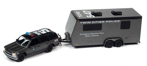 Police - 1997 Chevrolet Tahoe w/Camper Trailer in Gray and Black - Truck&Trailers - Johnny Lightning  1:64 - JLSP300 A