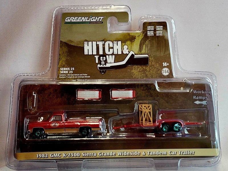 CHASE CAR Busted Knuckle Garage 1982 GMC K-2500 Sierra Grande Car Trailer - Hitch & Tow 25 1/64 Greenlight - 32250 BGR