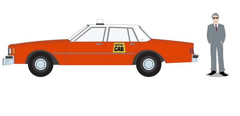 1981 Chevrolet Impala Capitol Cab Taxi with Man in Suit - The Hobby Shop Series 15 - 1/64 Greenlight - 97150 B