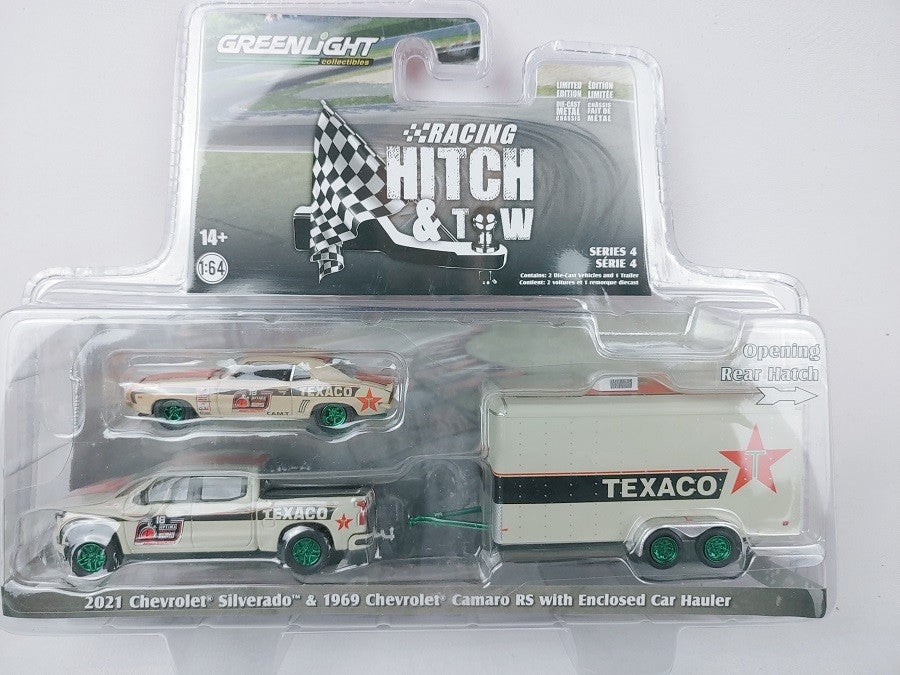 GreenMachine 2021 Chevrolet Silverado and 1969 Chevrolet Camaro RS - on Flatbed Trailer - Texaco - 1/64 Greenlight - 31140 CGR