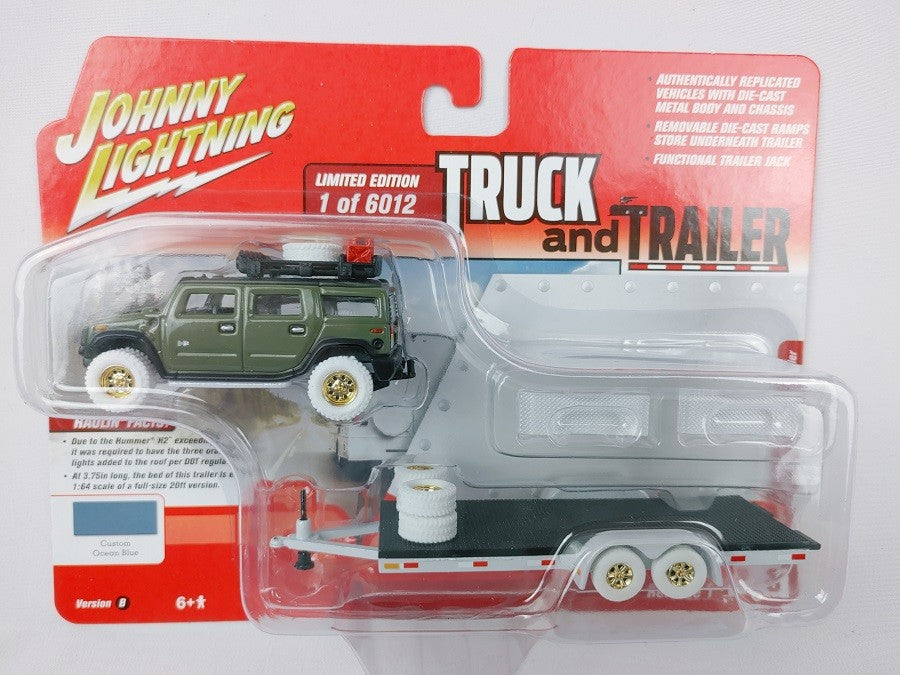 CHASE CAR 2004 Hummer H2 Moss Green with Open Trailer - Truck&Trailers - Johnny Lightning  1:64 -  JLSP200 A CGR