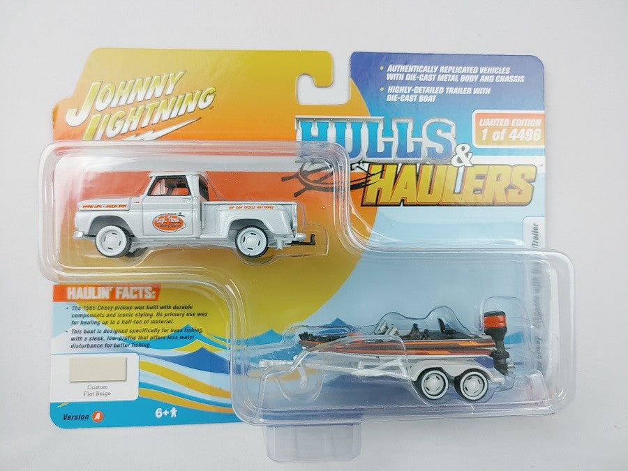 CHASE CAR 1965 Chevy Stepside Pickup with Bass Boat and Trailer - Johnny Lightning  1:64 - JLBT015 -  JLSP203 AGR