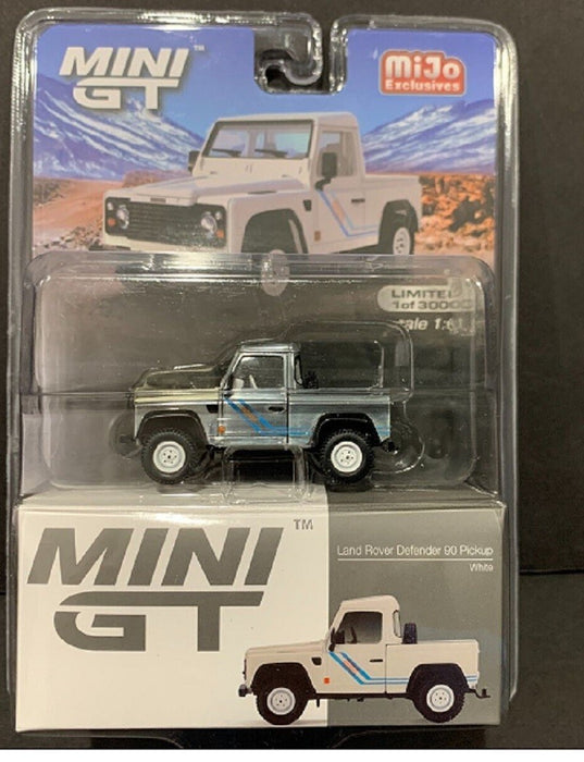CHASE CAR Mini GT - Land Rover Defender 90 Pickup White - Mijo Exclusives USA - MGT00338GR Passion Diecast