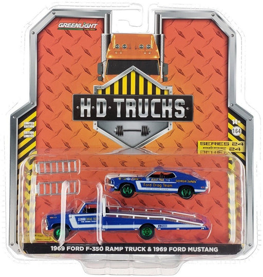 GreenMachine 1969 Ford F-350 Ramp Truck with 1969 Ford Mustang Ford Drag Team - H.D. Trucks Series 24 - Greenlight - 33240 AGR