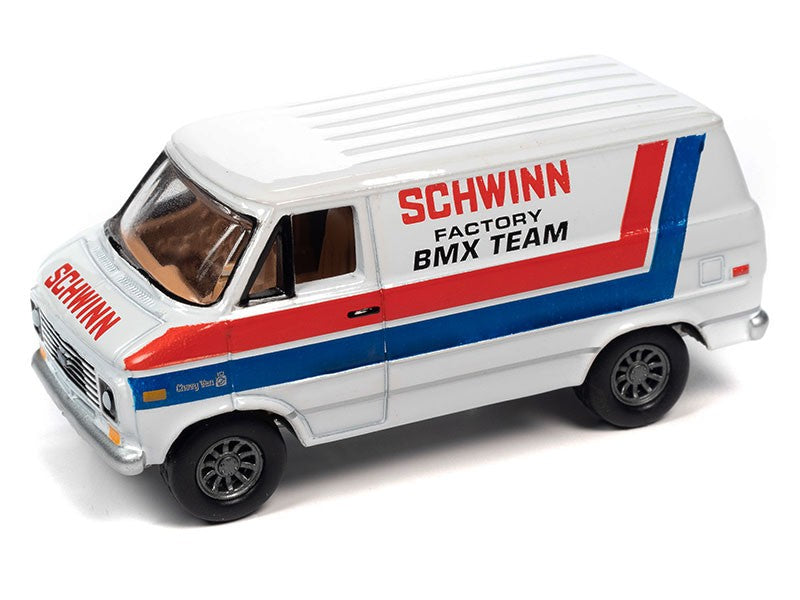 Schwinn 1976 Chevy Van G20 BMX/Freestyle Bikes in White with Red and Blue Stripes - Johnny Lightning 1/64 - JLSP311