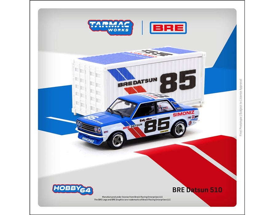 BRE Datsun 510 No.85 (Two-Tone Blue/White) with Container - Tarmac - 1/64 - T64-052-BRE85 Passion Diecast