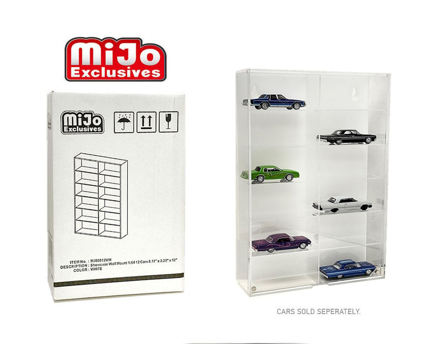 Showcase 1:64 12-Car Display Case Wall Mount Plastic White Back Version With Cover - Mijo Exclusive 1/64 - MJ08012WH