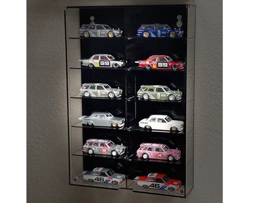 Showcase 1:64 12-Car Display Case Wall Mount Plastic Black Back Version With Cover - Mijo Exclusive 1/64 - MJ08012BK